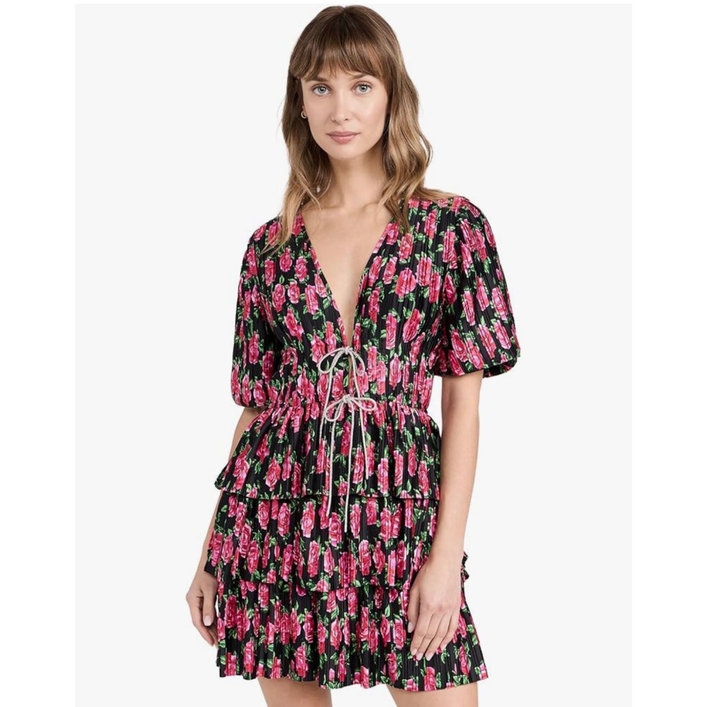 WAYF Pink Roses Pleated Mini Dress Rhinestone Bows Puff Sleeve NWT Small